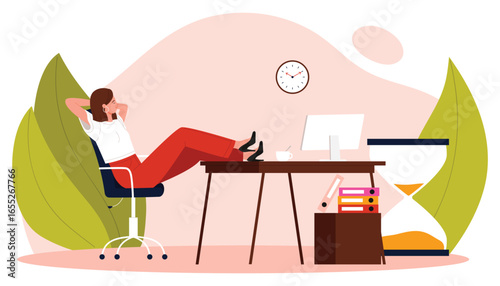 Relaxed woman leaning back at work desk with feet up, ignoring tasks and time management, symbolizing procrastination and workplace delay isolated on white background vector illustration