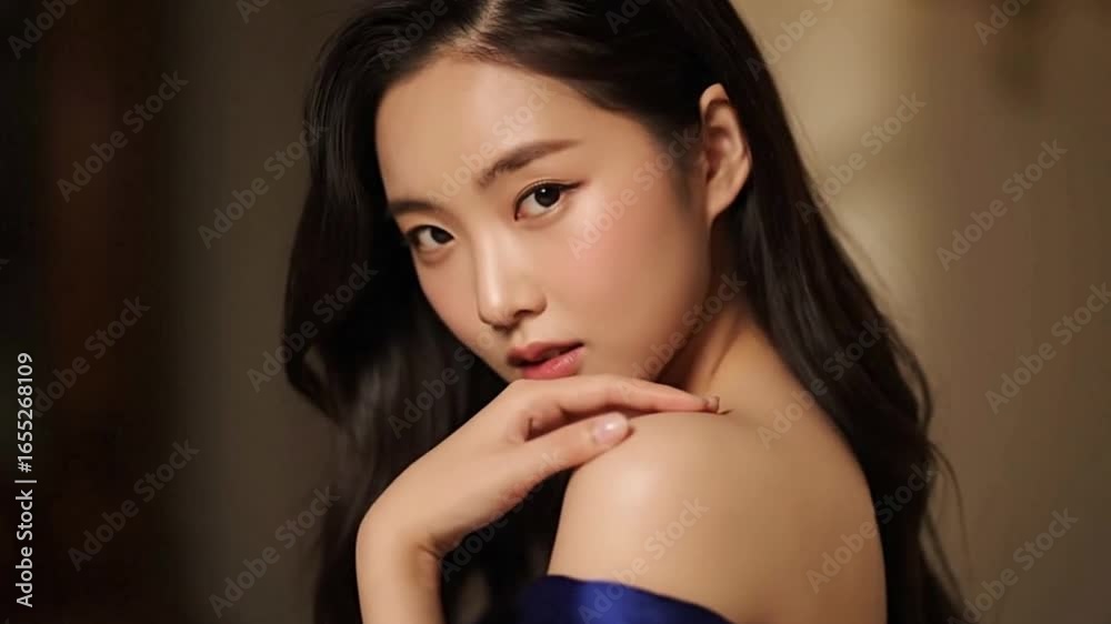 Young Asian woman gazes placing hand on shoulder in a studio shot with soft lighting Young Asian woman gazes placing hand on shoulder in a studio shot with soft lighting
