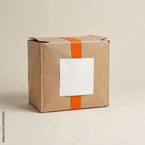 Brown cardboard box with orange ribbon, blank label, ideal for shipping and gifting in a minimalist setting