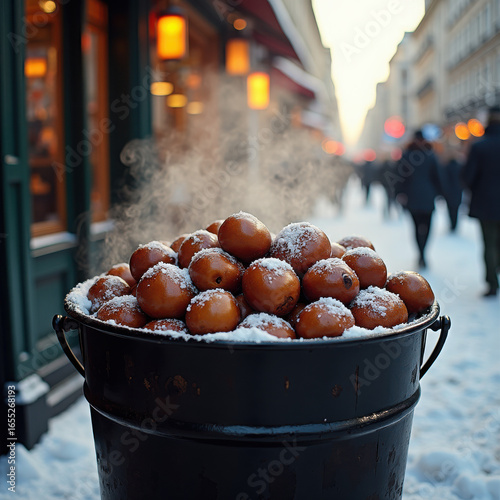 Warm, Steamy Winter Treats: A Bucket of Sweetened Chestnuts on a Snowy Street in a Cozy Urban Setting