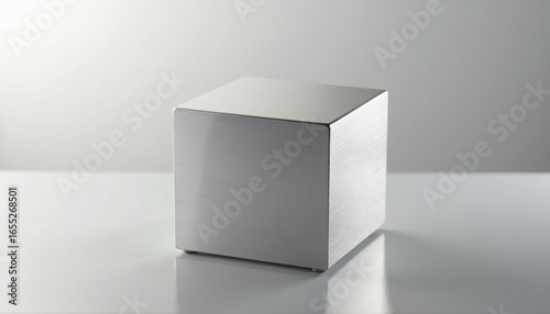 Polished Metal Cube on Reflective Surface in Minimalist Setting