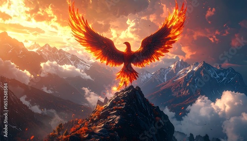 A magnificent phoenix, wings ablaze with fire, soars above a majestic mountain range at sunset.