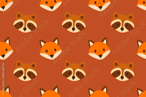 Seamless pattern with fox and raccoon faces on warm brown background