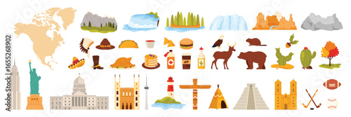 A collection of North American icons including landmarks, wildlife, native elements, food in a colorful vector graphic. A visual tour through the continent.