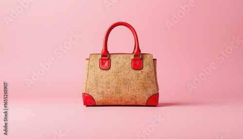 Stylish Cork Handbag with Red Accents on Pink Background for Fashion Enthusiasts