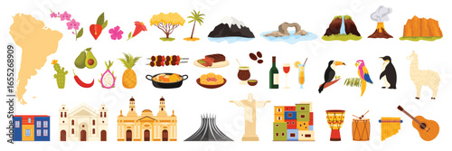 Travel to South America infographic set with culture and nature elements, animals and food. Map of continent and llama, meat skewer and Sancocho stew, cocktail and wine cartoon vector illustration