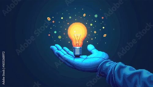 A glowing light bulb held in a blue hand, surrounded by colorful sparkles, symbolizing creativity and innovation in a digital art style.