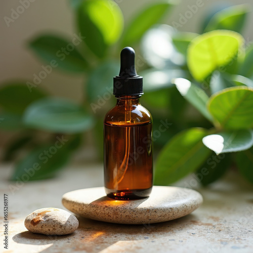 Natural Essential Oil Bottle with Stone on a Table Surrounded by Green Leaves in a Calm Setting