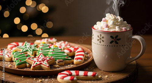 A cozy holiday scene featuring a steaming mug of hot cocoa topped with whipped cream and marshmallows, paired with a plate of festive Christmas cookies shaped like stars, trees, and candy canes, set o