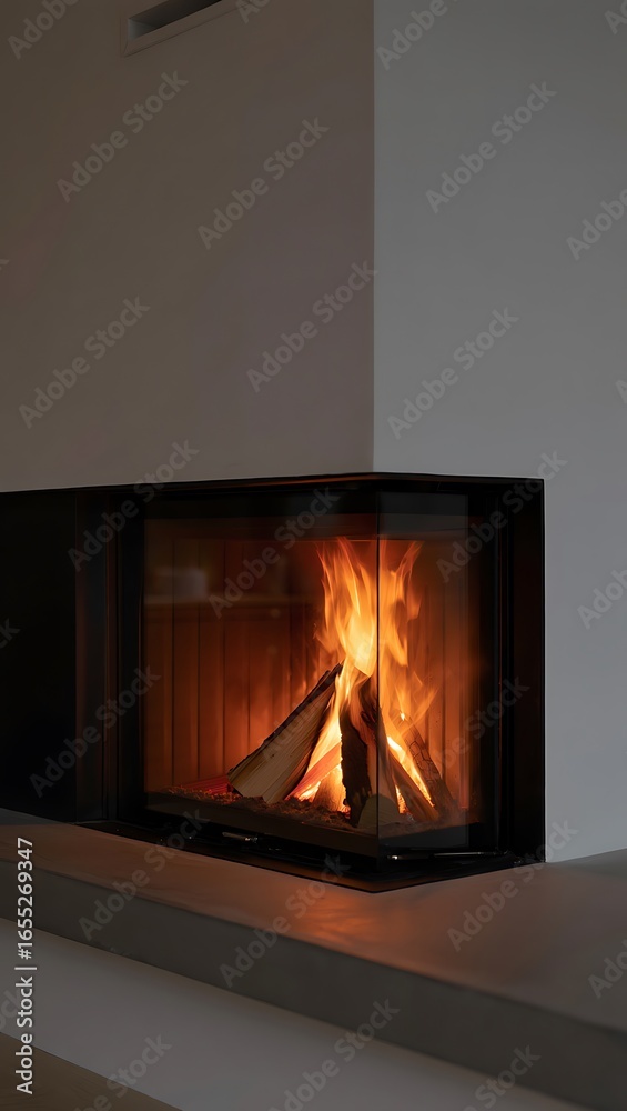 Fototapeta premium Modern Corner Fireplace with Lively Flames and Wood Logs