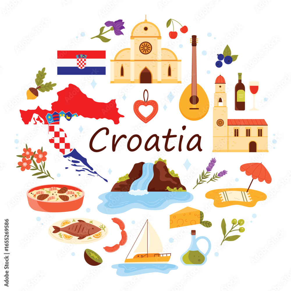 Obraz premium Travel to Croatia set, culture elements and famous landmarks of nature and architecture in round infographic poster with title. Flag and map of country, beach paradise cartoon vector illustration