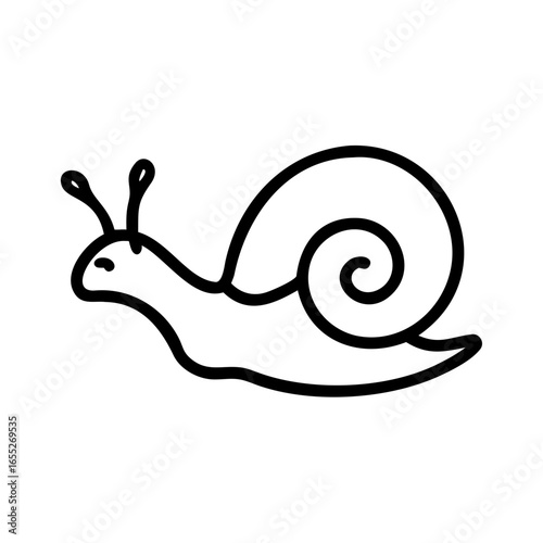 Simple outline drawing of a snail with a spiral shell and antennae on a white background image