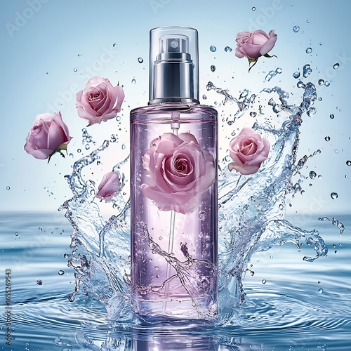 Creative Advertising Image of a Cosmetic Spray Bottle With Rose Water Liquid Splash In a Fresh Pastel Artistic Background Featuring Smooth Soft Elegant Clean Delicate Beauty Product
