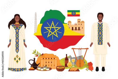 Travel to Ethiopia set, infographic collage with big Ethiopian flag and map. Mountains and elements of culture, landmarks and food, man and woman in traditional costumes cartoon vector illustration