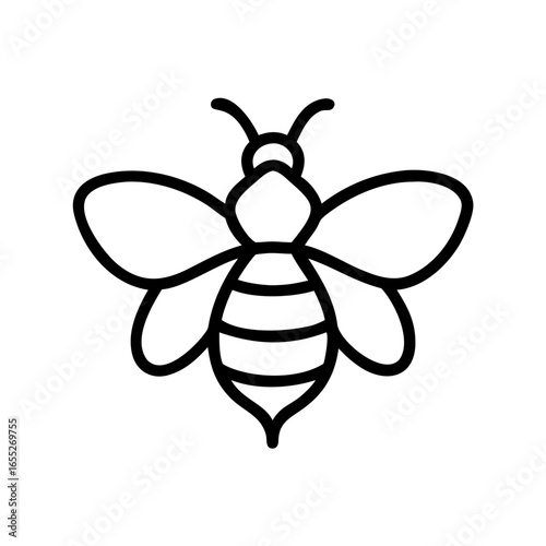 A simple graphic of a bee with wings and stripes on its abdomen in a minimalist style design art form