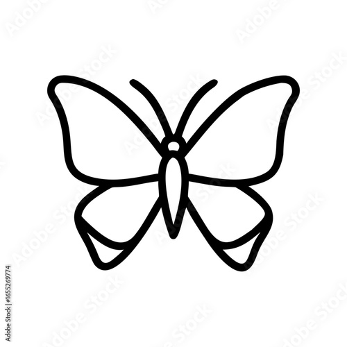 Simple graphic of a butterfly with symmetrical wings and antennae in a minimalist black outline style design