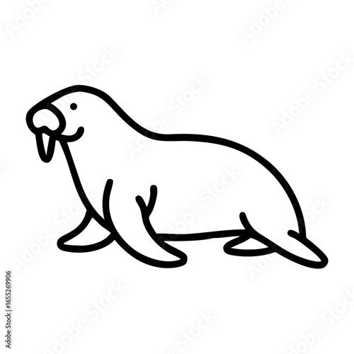 Simple line drawing of a chubby sea mammal with tusks and flippers on a plain white background