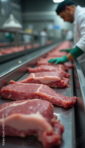 Butcher Preparing Fresh Cuts of Meat in a Modern Processing Facility