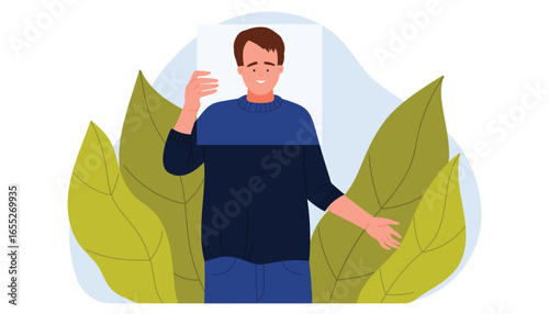 Hypocrisy, dishonesty of people, impostor syndrome, bipolar disorder. Dishonest man holding portrait of young guy with smile to cover and hide face, pretend to be happy cartoon vector illustration