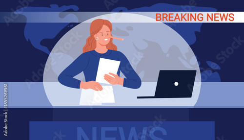 Fake hot breaking news on TV channel, studio reportage with false information. Female liar journalist with long nose of Pinocchio misleading audience to influence people cartoon vector illustration