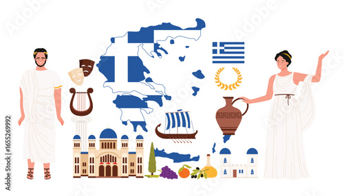 Celebrating Greek culture, history, and traditions. Features Greek flag, map, ancient attire, landmarks, pottery, olives and classical symbols vector illustration.