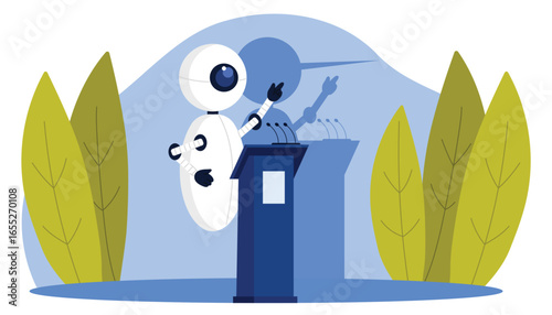 Fake news, misinformation of artificial intelligence, awareness of need for critical analysis of AI information. Robot liar with long nose of Pinocchio speaking from podium cartoon vector illustration