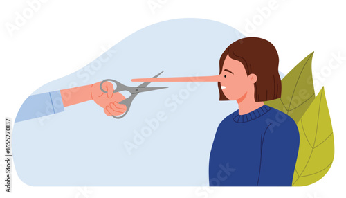 Convict liar of lie and dishonesty, find truth and cheating in communication, hypocrisy. Hand cutting off Pinocchio funny long nose with scissors from lying cheater woman cartoon vector illustration