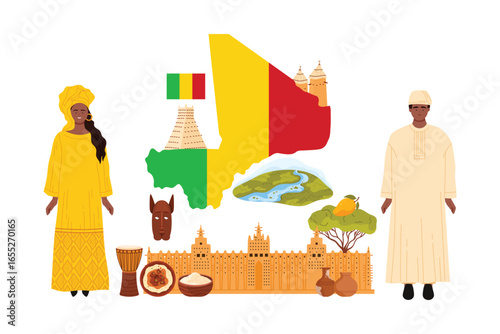 Travel to Mali, people in national costume and headgear, food and culture elements in infographic collage banner. Big flag and Mosque of Djenne, clay huts for tourists tour cartoon vector illustration