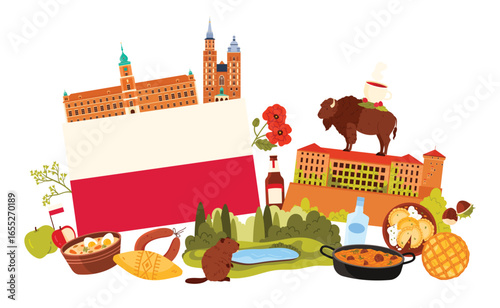 Travel to Poland, culture elements and famous Polish food, landmarks, old gothic castle and cathedral in infographic collage. Stew and pierogi, lake landscape and animals cartoon vector illustration