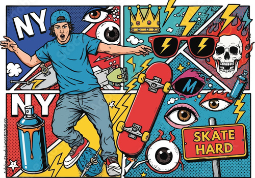 Comic-style skateboarding illustration with skater, spray can, lightning bolts, sunglasses, crown, and “SKATE HARD” text—urban culture design for youth merch and UI kits