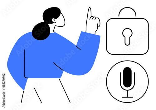 Woman pointing upward near lock and microphone icons symbolizing privacy, security, and voice control. Ideal for technology, data safety, communication, AI, voice tech, education simple landing page