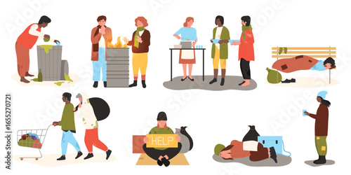 Homeless set vector illustration. Cartoon poor and dirty people sleeping on street and begging, unemployed hungry refugees eat food at shelter, needy characters warming by fire in cold winter