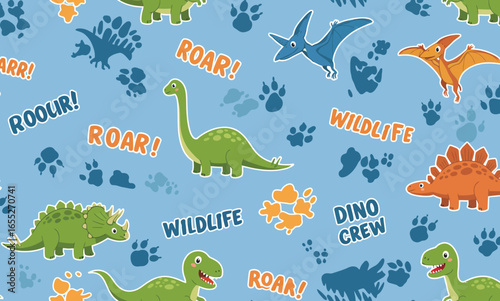 Playful dinosaur pattern with cartoon dinos, footprints, and fun text—includes T-Rex, pterodactyl, stegosaurus, and triceratops on light blue background for kids’ design