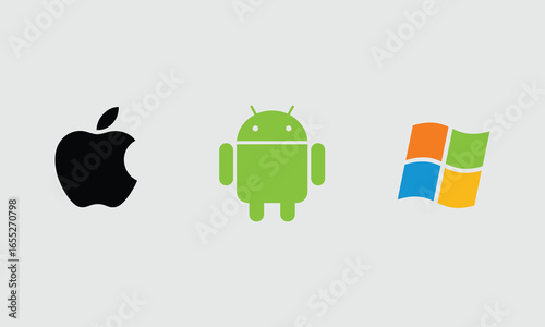 Apple, Android, and Windows logos side by side—minimalist tech branding asset showcasing major operating systems for UI design, infographics, and digital platforms