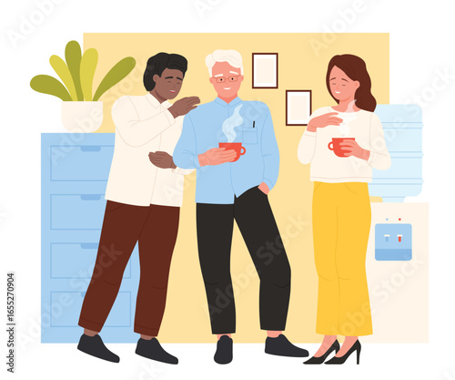 Business people on coffee break vector illustration. Cartoon team of office workers standing together in office interior and holding cups with hot drink, talking and smiling group of adult characters