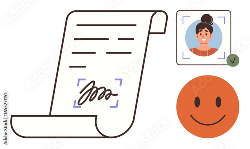 Scroll-thumbs up document with a signature, verified user profile with photo, and a happy face emotion. Ideal for identity verification, digital approval, electronic agreements, data security, user