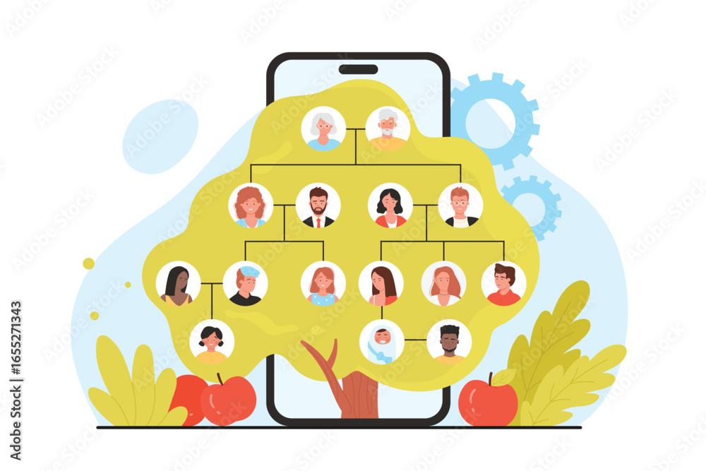 Obraz premium Family tree mobile app, genealogy template vector illustration. Cartoon apple green tree with branches and portraits of four generations of relatives in infographic history chart on phone screen