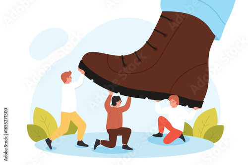 Problems of dictatorship, people under big shoe vector illustration. Cartoon giant foot of boss or dictator crushing group of tiny corporate office workers, teamwork of employees in opposition