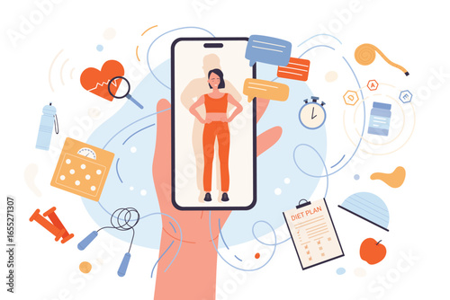 Weight loss with mobile app vector illustration. Cartoon hand holding phone with happy slim girl in sportswear on screen, diet plan with healthy food and vitamin supplements, sport workout in gym
