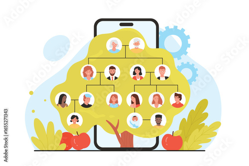 Family tree mobile app, genealogy template vector illustration. Cartoon apple green tree with branches and portraits of four generations of relatives in infographic history chart on phone screen