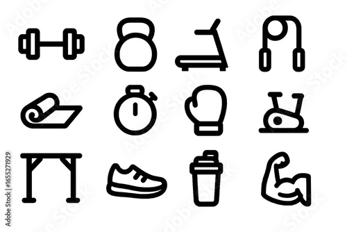 Collection of 12 fitness icons in bold flat vector style, perfect for gym apps, workout plans, and health platforms.