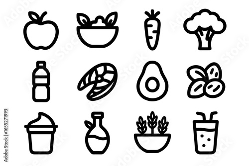Collection of 12 healthy food and nutrition icons in bold flat vector style, ideal for diet apps, wellness blogs, and healthy lifestyle projects.
