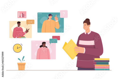 Online meeting for training in virtual class, digital education vector illustration. Cartoon student learning anywhere with video call or stream, conference or webinar with teachers inside windows