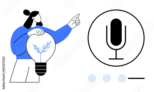 Individual holding eco-themed lightbulb gestures towards microphone. Ideal for innovation, creativity, eco-friendly technology, sustainable ideas, presentations, communication, simple landing page