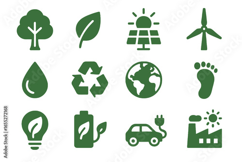 Bold outline infographic icons for sustainability and environment: recycling, renewable energy, green mobility, eco footprint and water. Vector set for eco-friendly design.