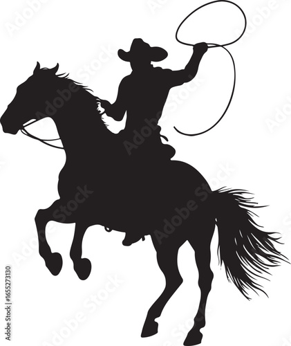 Cowboy on Horse with Lasso Silhouette Rodeo Cowboy Vector on Transparent Background