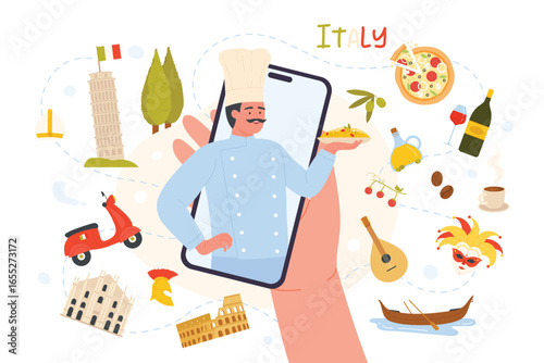 Travel to Italy vector illustration. Cartoon hand holding phone with Italian chef character on screen offering pasta on plate, coffee and food, symbols of culture and cuisine in collection of Italy