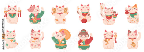 Japanese lucky cats set vector illustration. Cartoon cute Maneki Neko characters from Japan collection, Asian kawaii kitty waving paw, holding toy symbols of fortune, wellbeing and prosperity