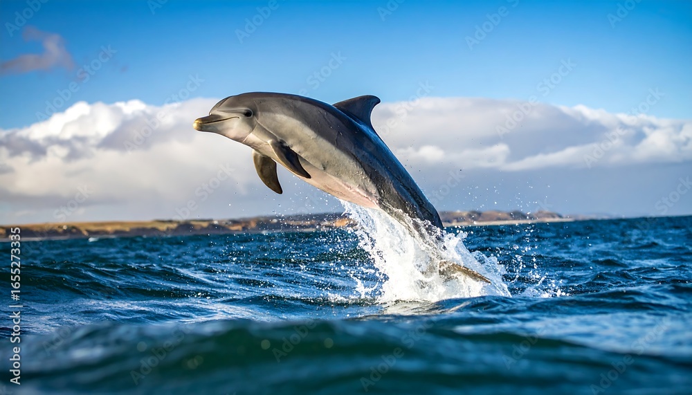 Obraz premium A magnificent dolphin leaps gracefully out of the vibrant blue ocean, showcasing its agility and power against a backdrop of fluffy clouds and a serene coastal line.