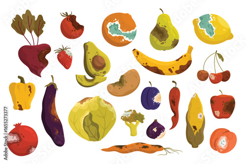 Rotten vegetables and fruit set vector illustration. Cartoon bad unhealthy products from kitchen litter and waste bin, collection of moldy expired food ingredients with brown skin, rot and mold